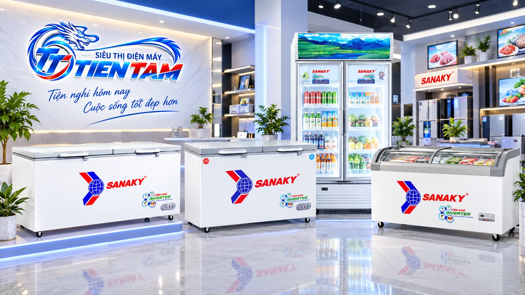 Không gian showroom Điện Máy Tiến Tâm với các sản phẩm tủ đông và tủ mát chính hãng
