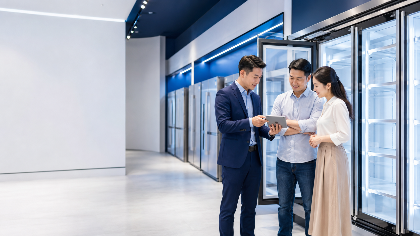 Nhân viên tư vấn thiết bị điện lạnh cho khách hàng trong showroom Điện Máy Tiến Tâm
