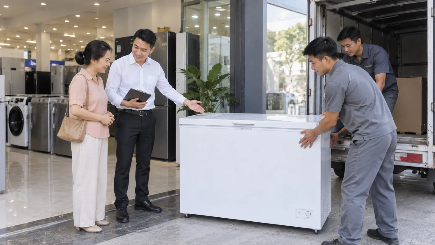 Tư vấn và giao tủ đông cho khách hàng