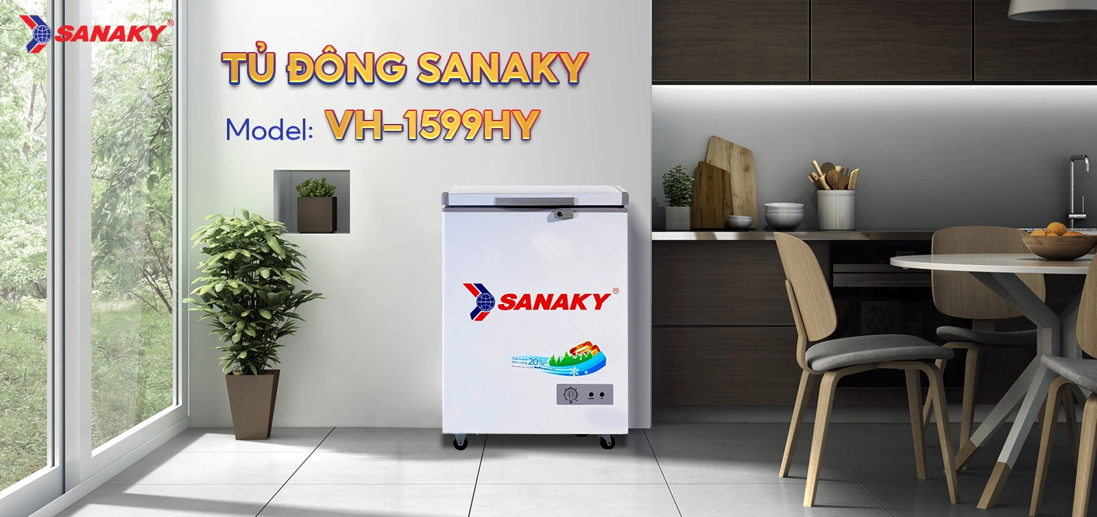 Tủ đông 100 lít Sanaky VH-1599HY đặt trong không gian bếp hiện đại