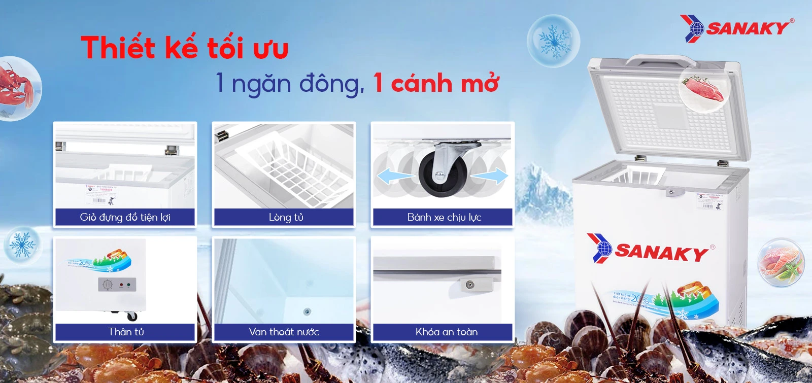 Tủ đông 100 lít Sanaky VH-1599HY với thiết kế tối ưu 1 ngăn đông và 1 cánh mở