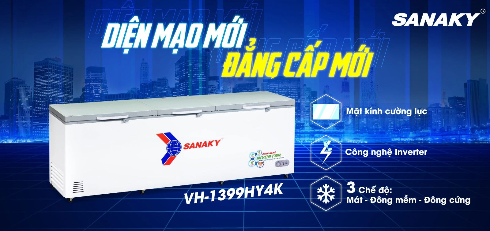 Tủ đông Sanaky VH-1399HY4K Tủ đông 1.143,5 lít Sanaky Inverter VH-1399HY4K với mặt kính cường lực và công nghệ Inverter