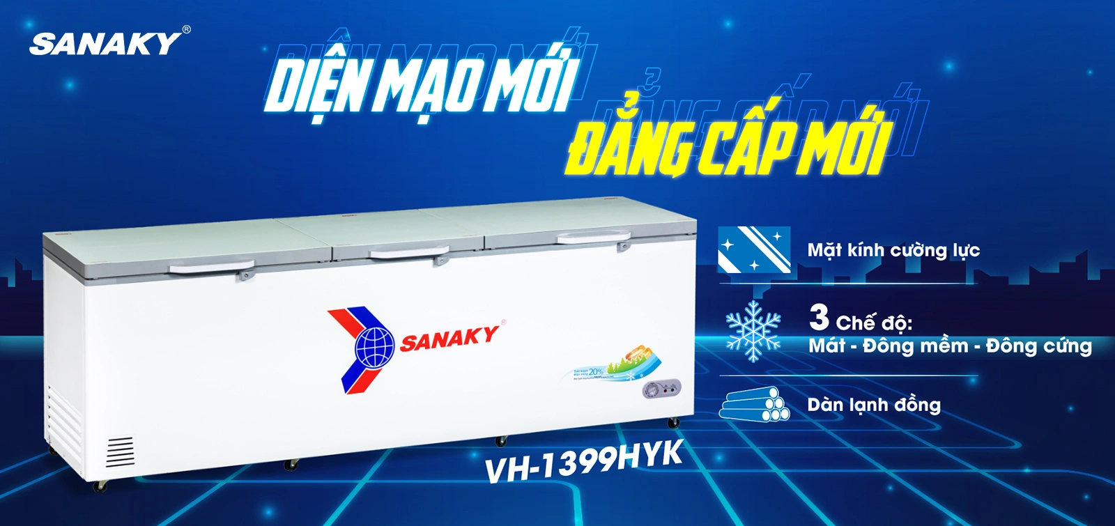 Tủ đông Sanaky VH-1399HYK Tủ đông 1143,5 lít Sanaky VH-1399HYK với mặt kính cường lực và dàn lạnh bằng đồng