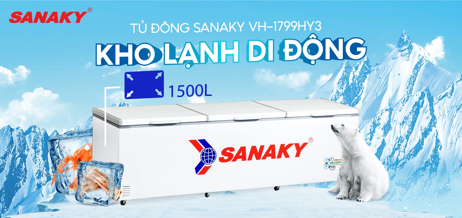 Tủ đông Sanaky VH-1799HY3 Tủ đông 1500 lít Sanaky Inverter VH-1799HY3 kho lạnh di động