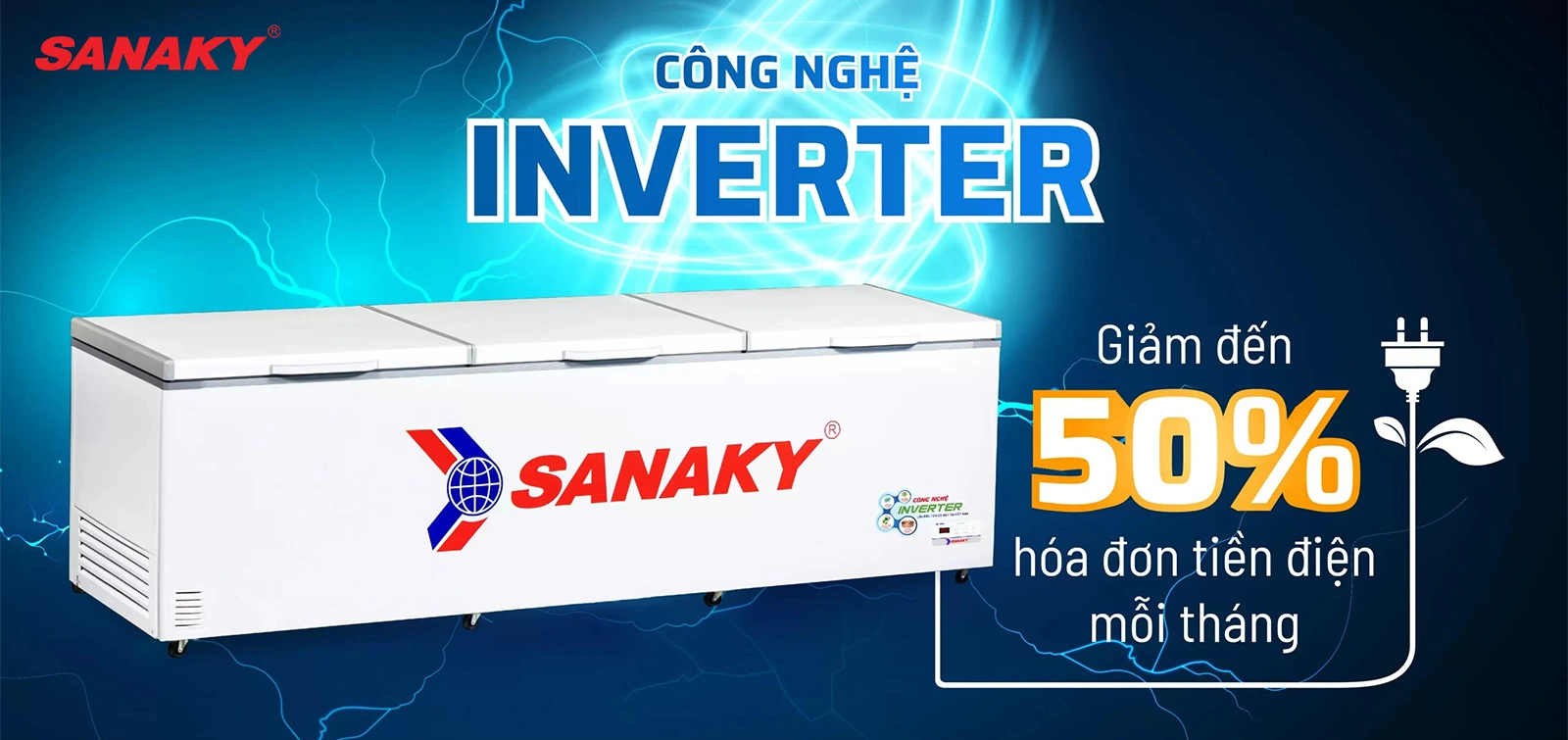 Giảm thiểu 50% hóa đơn điện/tháng với công nghệ Inverter siêu tiết kiệm điện Tủ đông 1500 lít Sanaky Inverter VH-1799HY3 tích hợp công nghệ Inverter giúp tiết kiệm điện