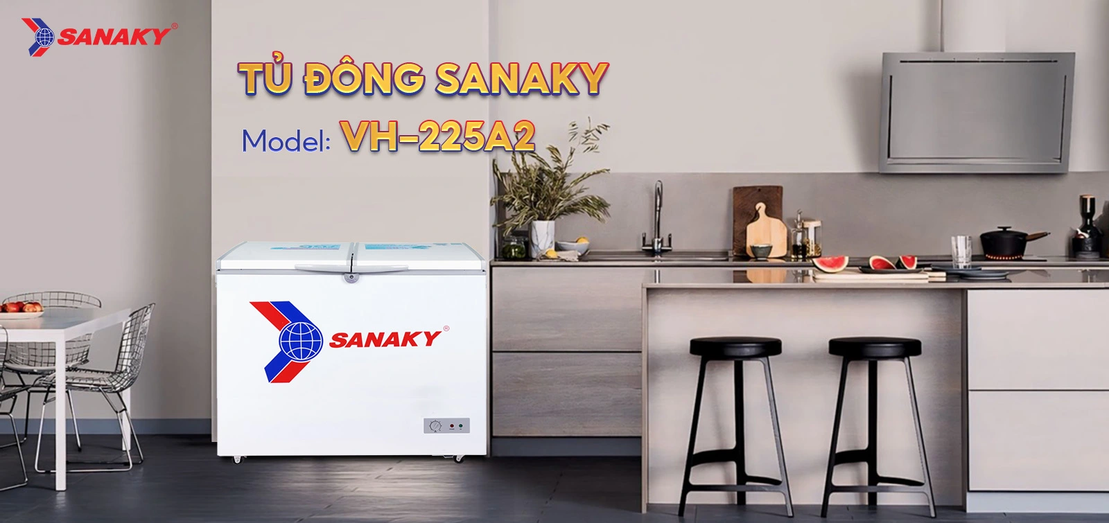 Tủ đông Sanaky VH-225A2 Tủ đông 175 lít Sanaky VH-225A2 đặt trong không gian bếp hiện đại