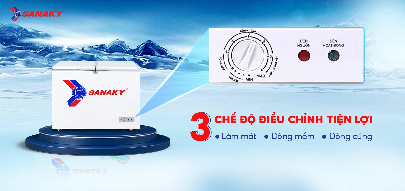 Bảng điều chỉnh 3 chế độ Mát - Đồng mềm - Đông cứng tiện lợi Bảng điều chỉnh 3 chế độ Mát - Đồng mềm - Đông cứng của Tủ đông 175 lít Sanaky VH-225A2