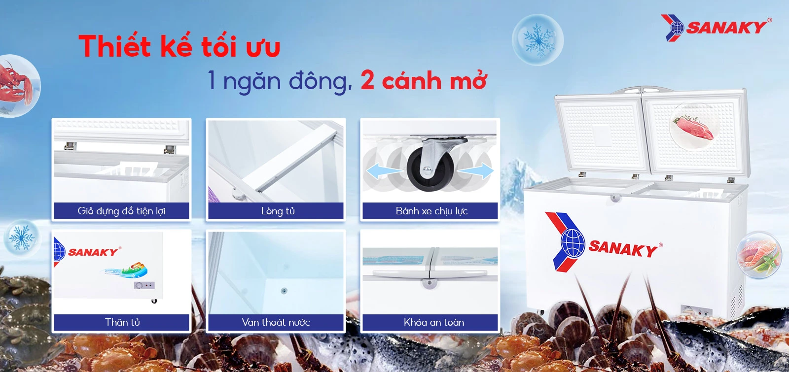 Thiết kế tối ưu 1 ngăn đông 2 cánh mở Tủ đông 175 lít Sanaky VH-225A2 với thiết kế 1 ngăn đông 2 cánh mở