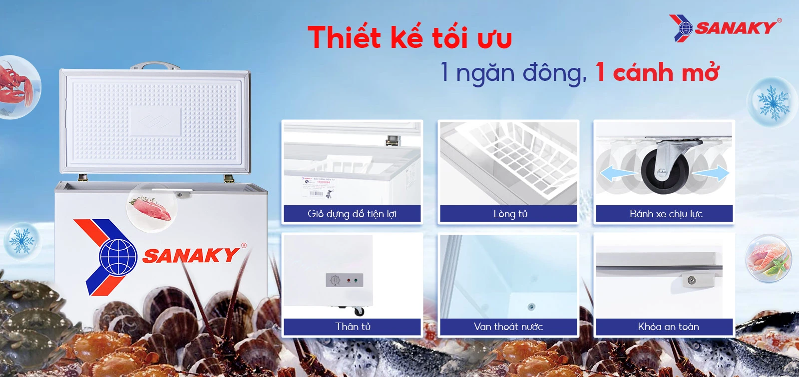 Thiết kế 1 ngăn đông và 1 cánh mở Tủ đông 175 lít Sanaky VH-225HY2 thiết kế 1 ngăn đông và 1 cánh mở