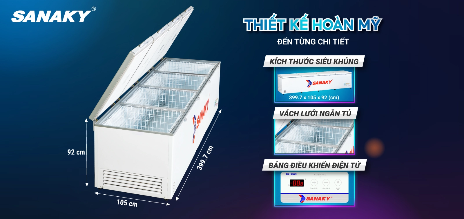 "Kho lạnh di động" thiết kế đẹp mắt tiện dụng Bảng điều khiển điện tử thông minh của tủ đông 2000 lít Sanaky Inverter VH-2399HY3