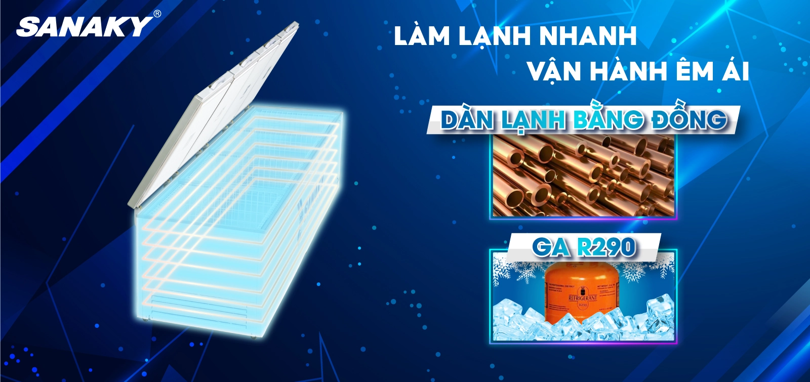 Dàn lạnh đồng nguyên chất kết hợp cùng công nghệ Gas R290 Tủ đông 2000 lít Sanaky Inverter VH-2399HY3 với dàn lạnh bằng đồng và Gas R290