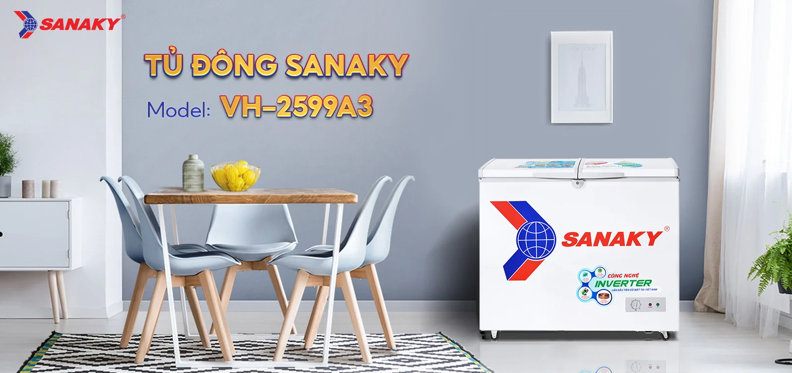 Tủ Đông Sanaky VH-2599A3 Tủ đông 208 lít Sanaky Inverter VH-2599A3 đặt trong không gian nội thất hiện đại
