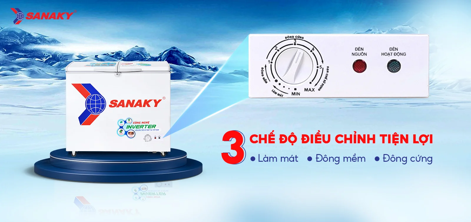 Bảng điều chỉnh 3 chế độ Mát - Đồng mềm - Đông cứng tiện lợi Bảng điều chỉnh 3 chế độ Mát - Đồng mềm - Đông cứng trên Tủ đông 208 lít Sanaky Inverter VH-2599A3