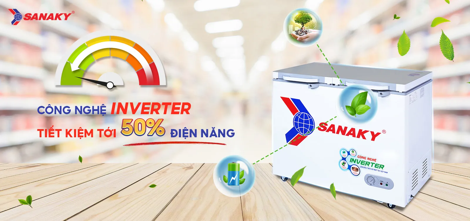 Công nghệ Inverter tiết kiệm tới 50% điện điện năng Tủ đông 208l Sanaky Inverter VH-2599A4K tích hợp công nghệ Inverter tiết kiệm điện