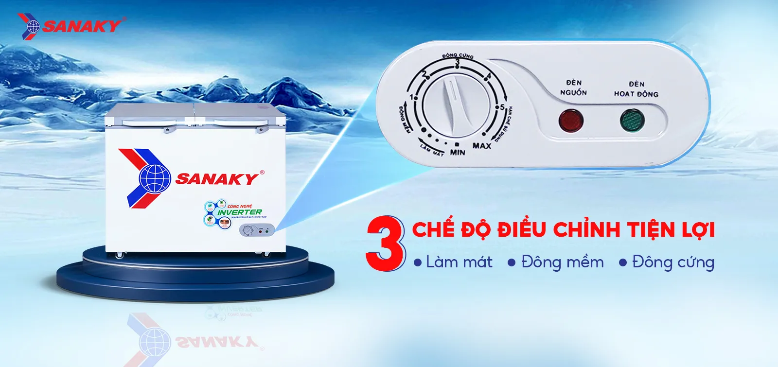 Bảng điều chỉnh 3 chế độ Mát - Đồng mềm - Đông cứng tiện lợi Bảng điều chỉnh 3 chế độ Mát - Đồng mềm - Đông cứng của Tủ đông 208l Sanaky Inverter VH-2599A4K