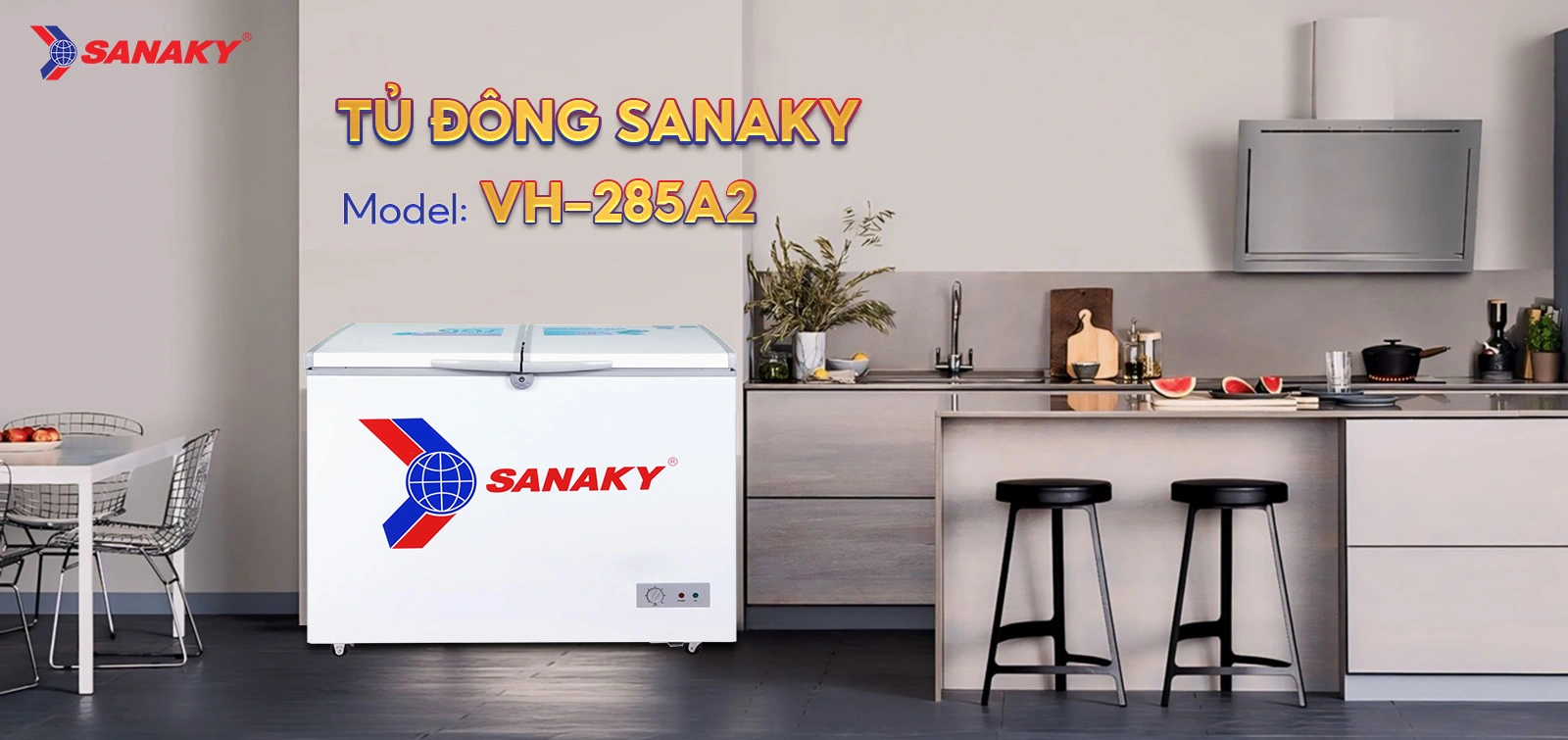 Tủ đông 235 lít Sanaky VH-285A2 đặt trong không gian bếp hiện đại