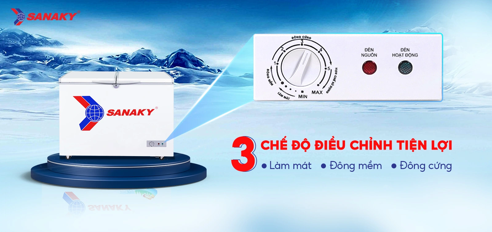 Bảng điều chỉnh 3 chế độ Mát - Đồng mềm - Đông cứng trên Tủ đông 235 lít Sanaky VH-285A2