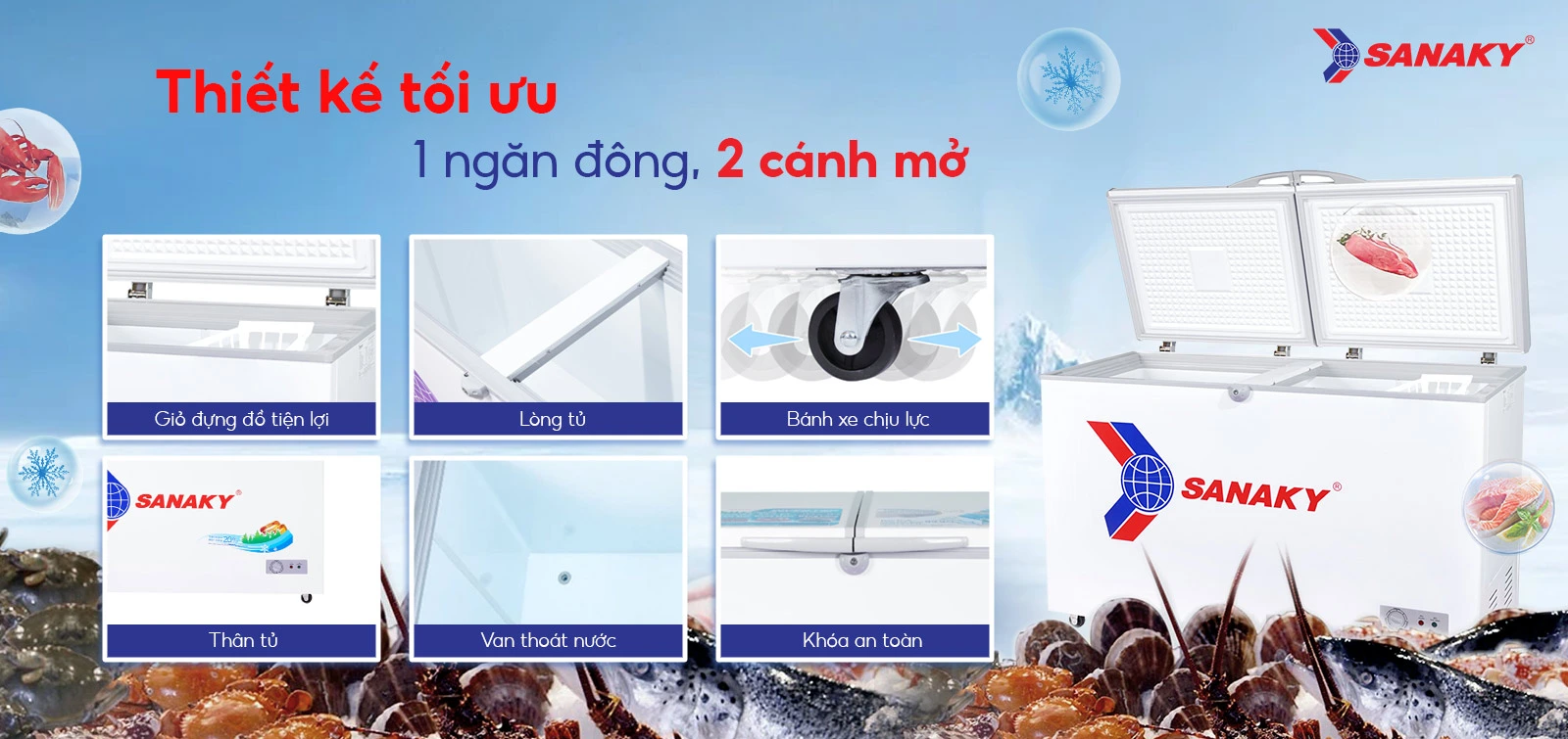 Tủ đông 235 lít Sanaky VH-285A2 với thiết kế 1 ngăn đông 2 cánh mở