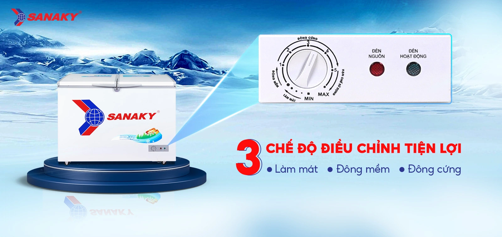 Bảng điều chỉnh 3 chế độ Mát - Đồng mềm - Đông cứng tiện lợi Bảng điều chỉnh 3 chế độ Mát - Đồng mềm - Đông cứng của Tủ đông 235 lít Sanaky VH-2899A1
