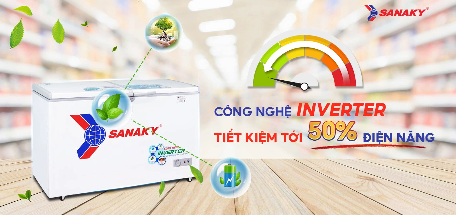 Công nghệ Inverter tiết kiệm tới 50% điện điện năng Tủ đông 270 lít Sanaky Inverter VH-3699A3 tích hợp công nghệ Inverter tiết kiệm điện năng