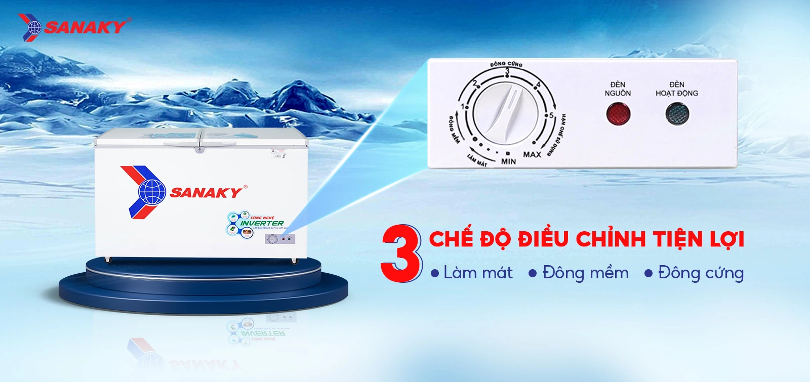 Bảng điều chỉnh 3 chế độ Mát - Đồng mềm - Đông cứng tiện lợi Bảng điều chỉnh 3 chế độ Mát - Đồng mềm - Đông cứng của Tủ đông 270 lít Sanaky Inverter VH-3699A3