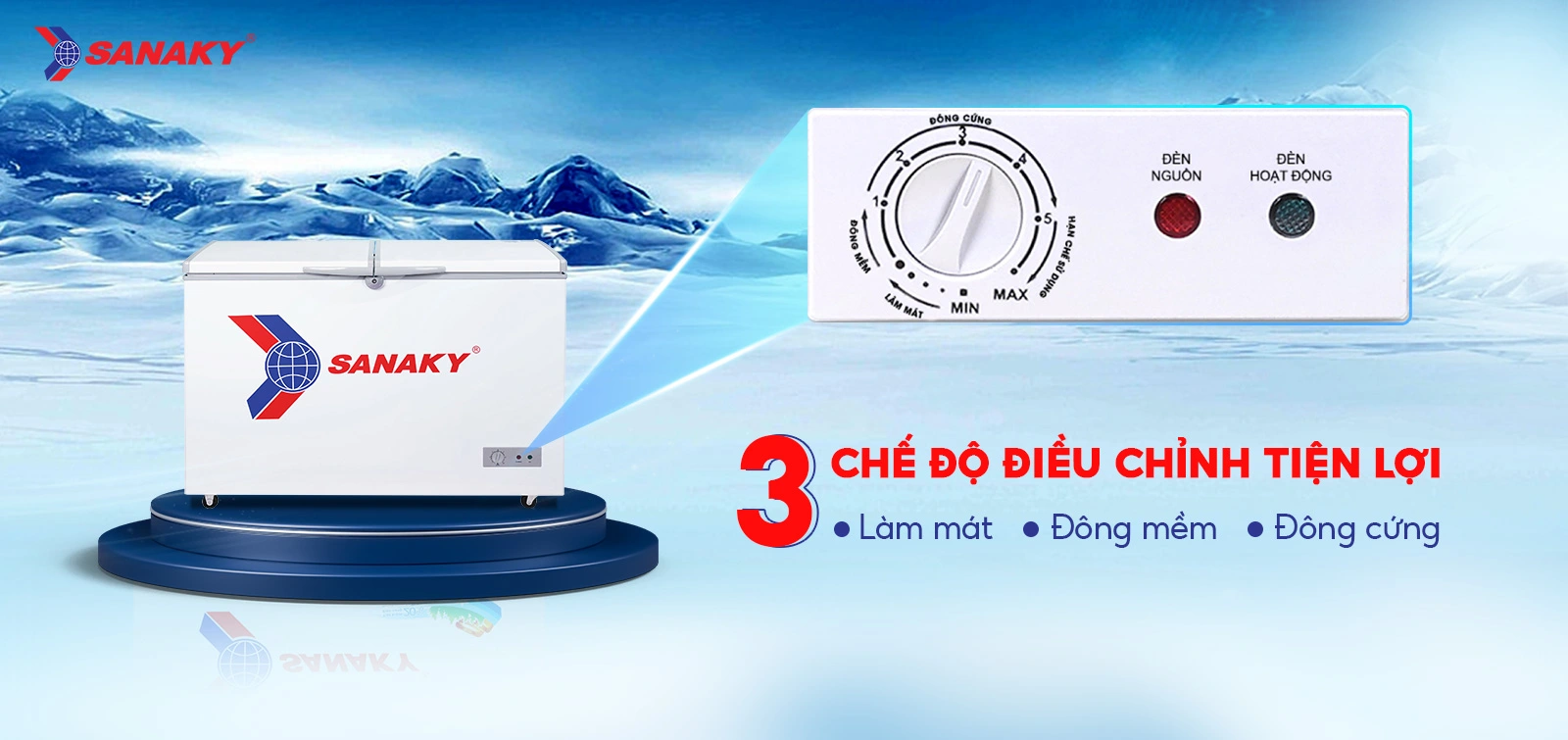 Bảng điều chỉnh 3 chế độ Mát - Đồng mềm - Đông cứng tiện lợi Bảng điều chỉnh 3 chế độ Mát - Đồng mềm - Đông cứng trên Tủ đông 270 lít Sanaky VH-365A2