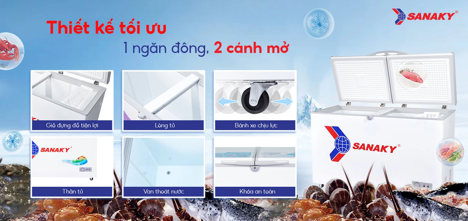 Thiết kế tối ưu 1 ngăn đông 2 cánh mở Tủ đông 270 lít Sanaky VH-365A2 với thiết kế 1 ngăn đông 2 cánh mở
