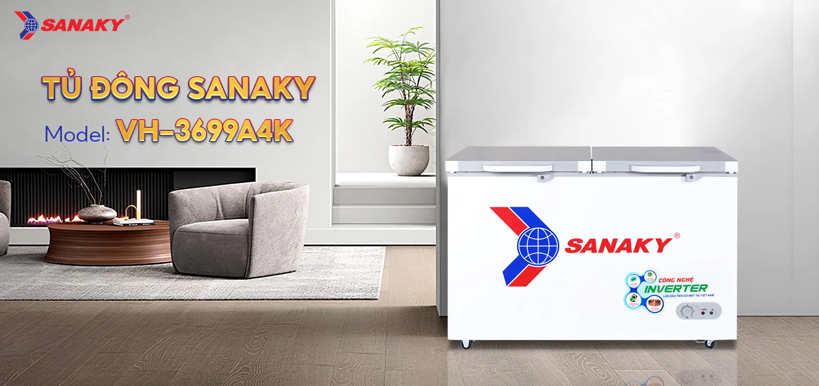 Tủ Đông Sanaky VH-3699A4K Tủ Đông 270L Sanaky Inverter VH-3699A4K đặt trong không gian nội thất hiện đại