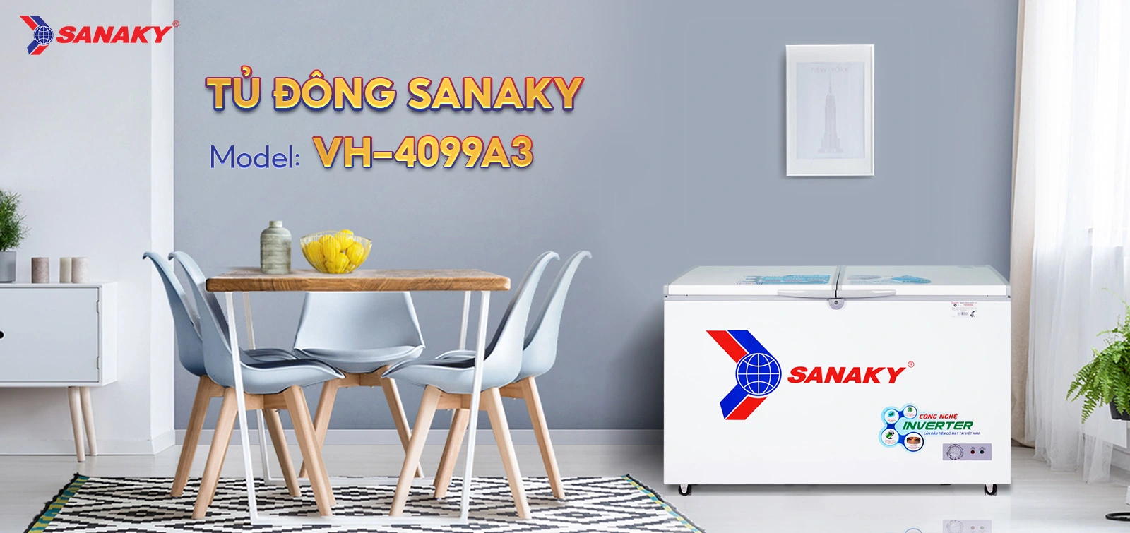 Tủ đông 305 lít Sanaky Inverter VH-4099A3 đặt trong không gian nội thất