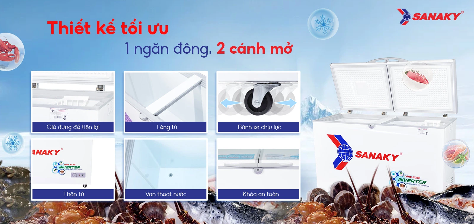 Tủ đông 305 lít Sanaky Inverter VH-4099A3 với thiết kế 1 ngăn đông 2 cánh mở
