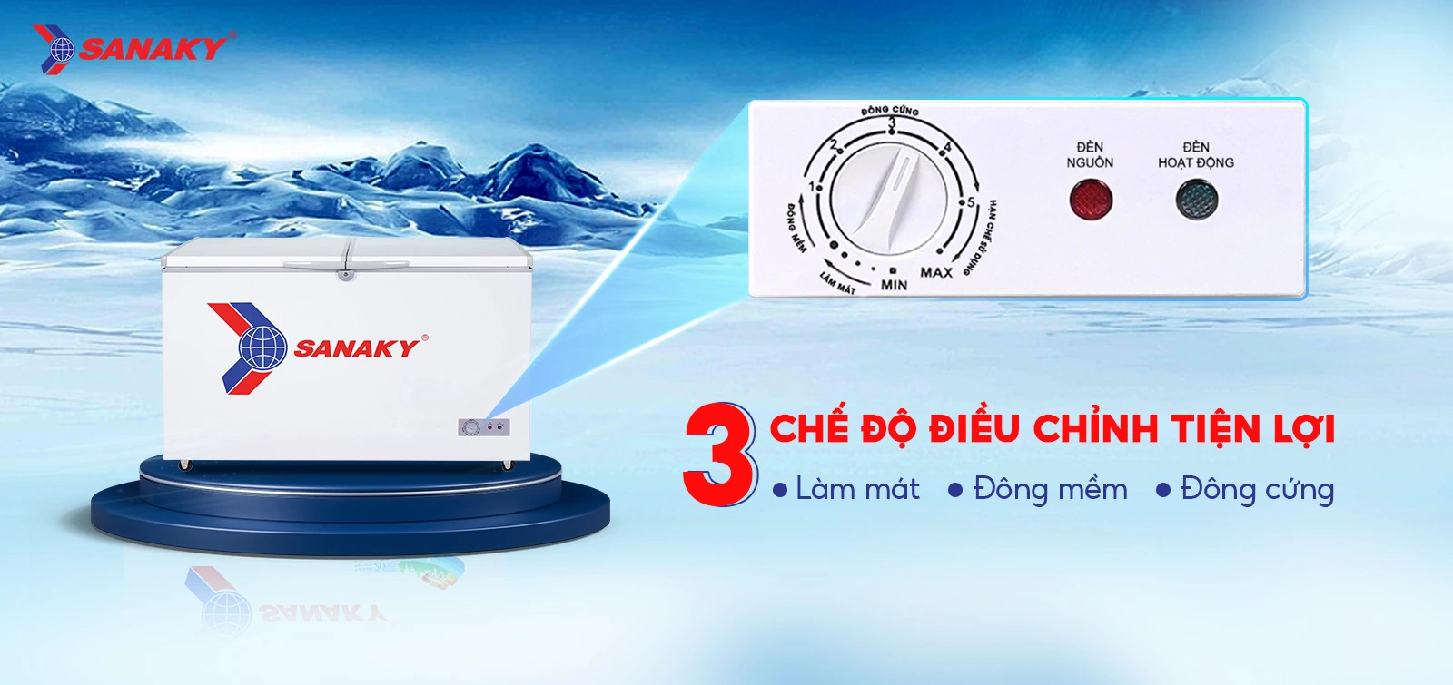 Bảng điều chỉnh 3 chế độ Mát - Đồng mềm - Đông cứng tiện lợi Bảng điều chỉnh 3 chế độ Mát - Đồng mềm - Đông cứng của Tủ đông 305 lít Sanaky VH-405A2