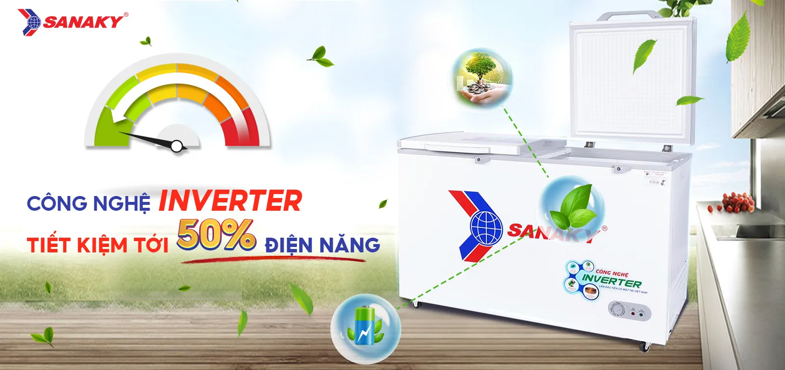 Công nghệ Inverter tiết kiệm tới 50% điện điện năng Tủ đông 410 lít Sanaky Inverter VH-5699HY3 tích hợp công nghệ Inverter tiết kiệm điện