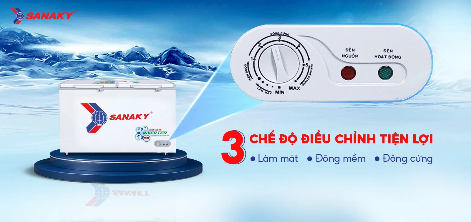 Bảng điều chỉnh 3 chế độ Mát - Đồng mềm - Đông cứng tiện lợi Bảng điều chỉnh 3 chế độ Mát - Đồng mềm - Đông cứng tiện lợi trên Tủ đông 410 lít Sanaky Inverter VH-5699HY3