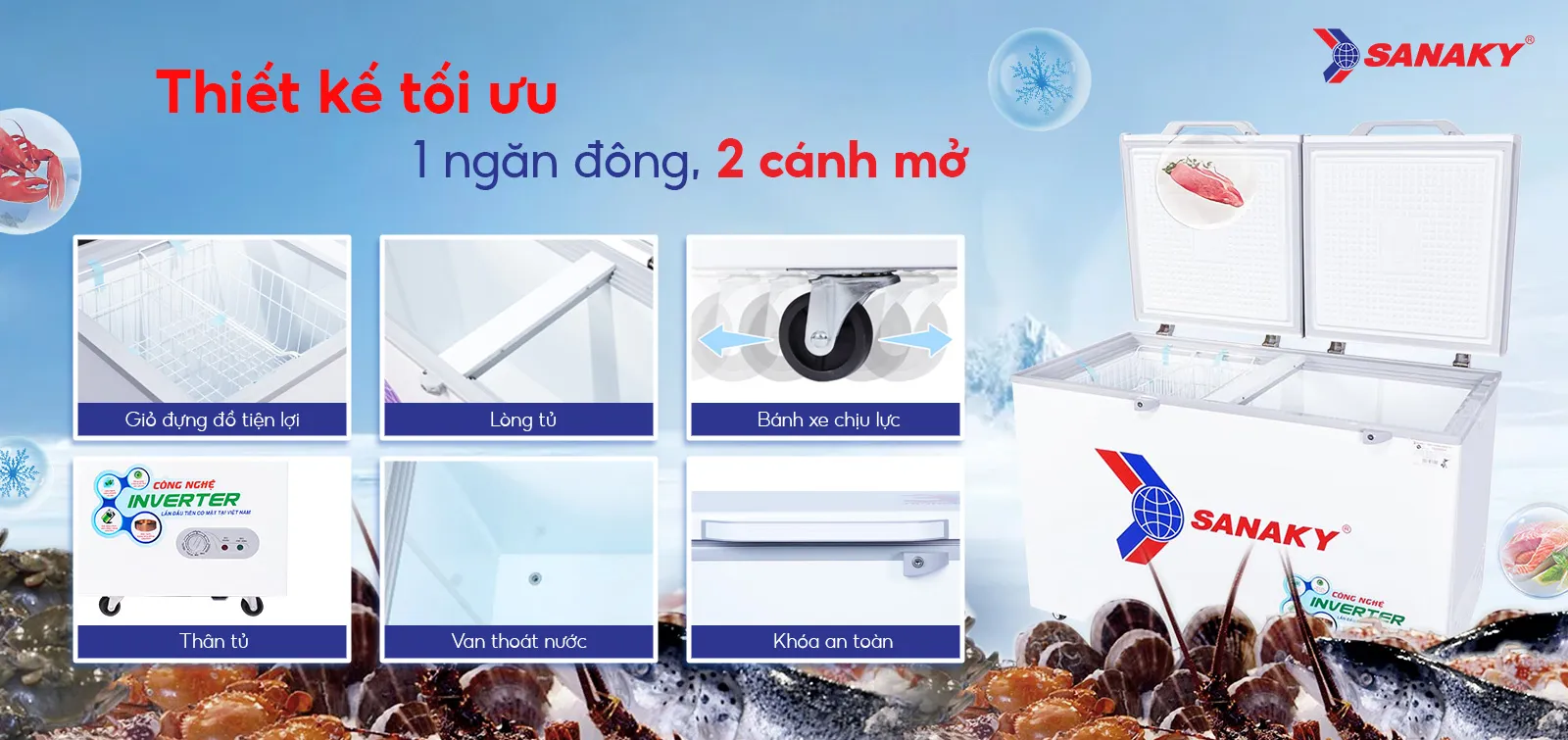 Thiết kế tối ưu 1 ngăn đông 2 cánh mở Tủ đông 410 lít Sanaky Inverter VH-5699HY3 thiết kế 1 ngăn đông 2 cánh mở