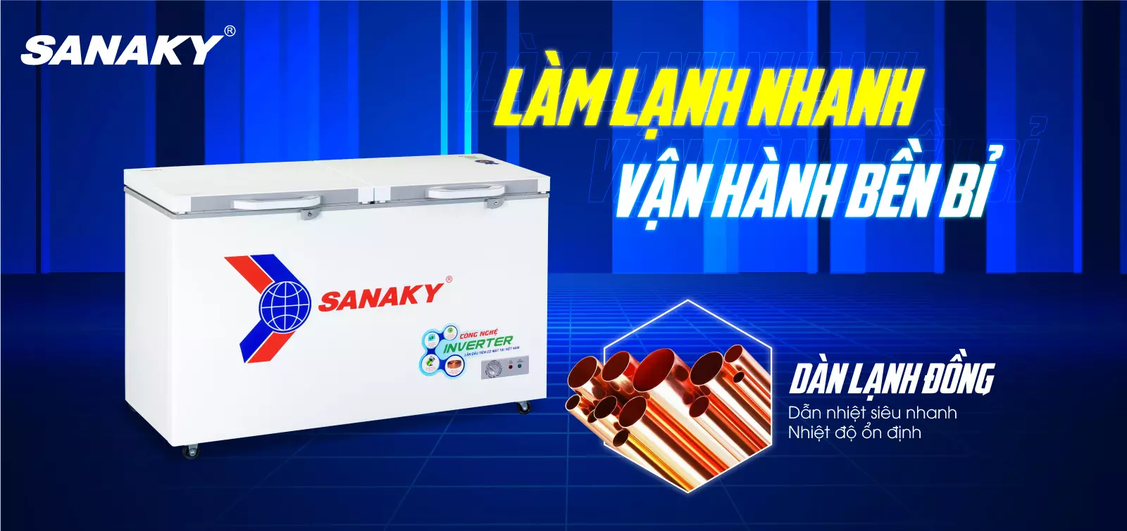 Dàn lạnh bằng đồng kết hợp công nghệ làm lạnh 360 độ Tủ đông 410 lít Sanaky Inverter VH-5699HY4K với dàn lạnh bằng đồng