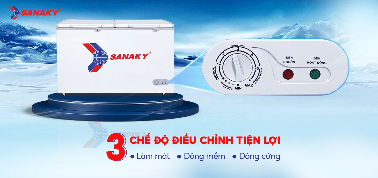 Bảng điều chỉnh 3 chế độ Mát - Đồng mềm - Đông cứng tiện lợi Bảng điều chỉnh 3 chế độ Mát - Đồng mềm - Đông cứng trên Tủ đông 410 lít Sanaky VH-568HY2