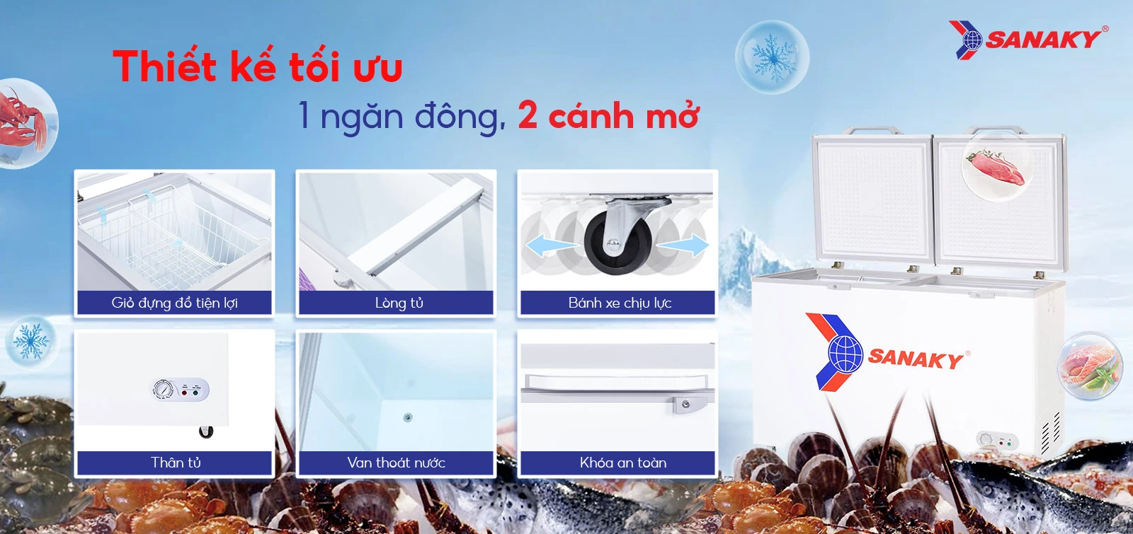 Thiết kế 1 ngăn đông và 1 cánh mở Tủ đông 410 lít Sanaky VH-568HY2 với thiết kế 1 ngăn đông và 2 cánh mở