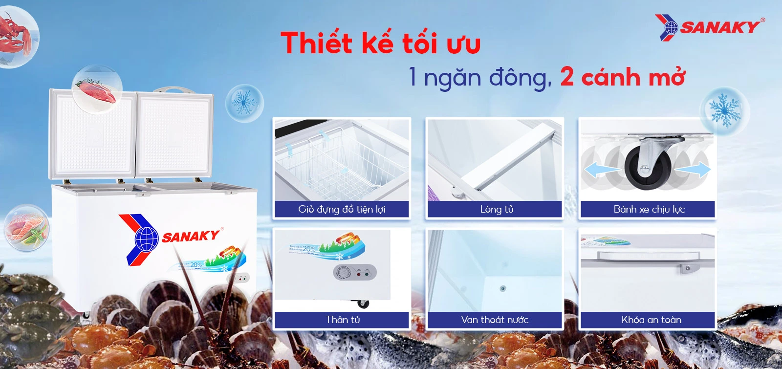 Tủ đông 410 lít Sanaky VH-5699HY với thiết kế 1 ngăn đông 2 cánh mở