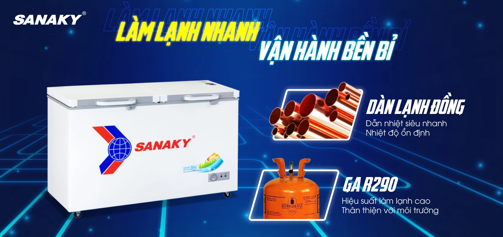 Dàn lạnh bằng đồng kết hợp công nghệ làm lạnh 360 độ Tủ đông 410 lít Sanaky VH-5699HYK với dàn lạnh bằng đồng và công nghệ làm lạnh 360 độ
