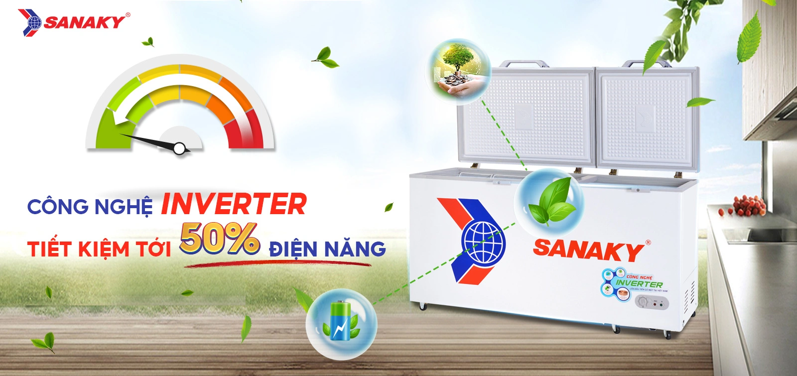 Công nghệ Inverter tiết kiệm tới 50% điện điện năng Tủ đông 530 lít Sanaky Inverter VH-6699HY3 tích hợp công nghệ Inverter tiết kiệm điện