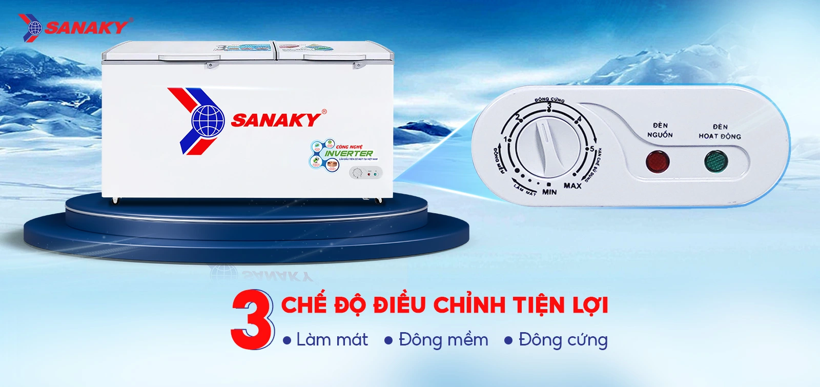 Bảng điều chỉnh 3 chế độ Mát - Đồng mềm - Đông cứng tiện lợi Bảng điều chỉnh 3 chế độ Mát - Đồng mềm - Đông cứng của Tủ đông 530 lít Sanaky Inverter VH-6699HY3