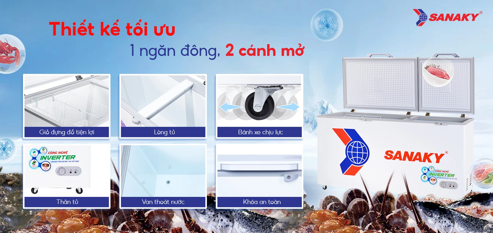 Thiết kế tối ưu 1 ngăn đông 2 cánh mở Tủ đông 530 lít Sanaky Inverter VH-6699HY3 thiết kế 1 ngăn đông 2 cánh mở