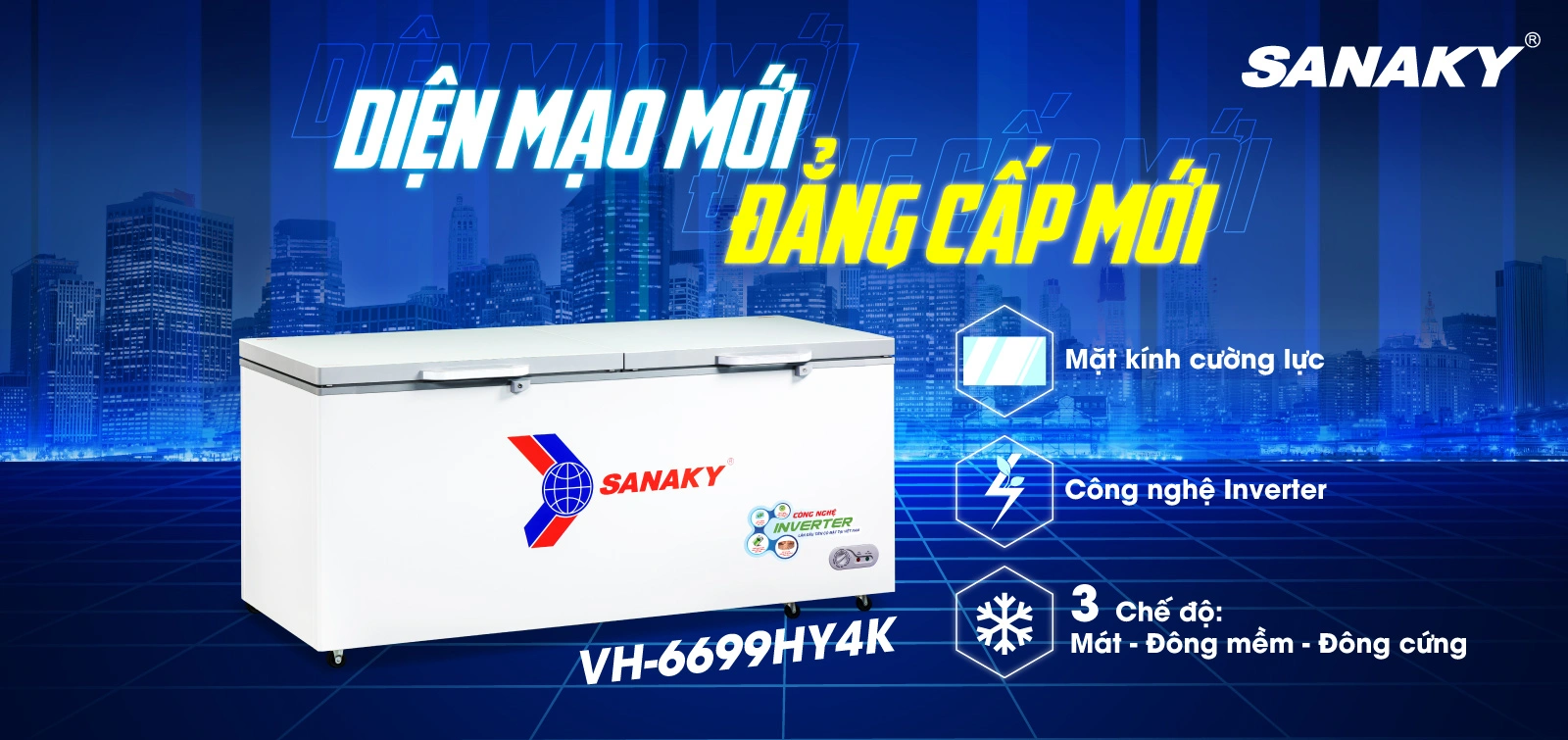 Tủ đông Sanaky VH-6699HY4K Tủ đông 530 lít Sanaky Inverter VH-6699HY4K với mặt kính cường lực và công nghệ Inverter