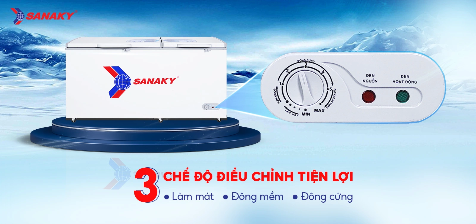 Bảng điều chỉnh 3 chế độ Mát - Đồng mềm - Đông cứng tiện lợi Bảng điều chỉnh 3 chế độ Mát - Đồng mềm - Đông cứng trên Tủ đông 530 lít Sanaky VH-668HY2