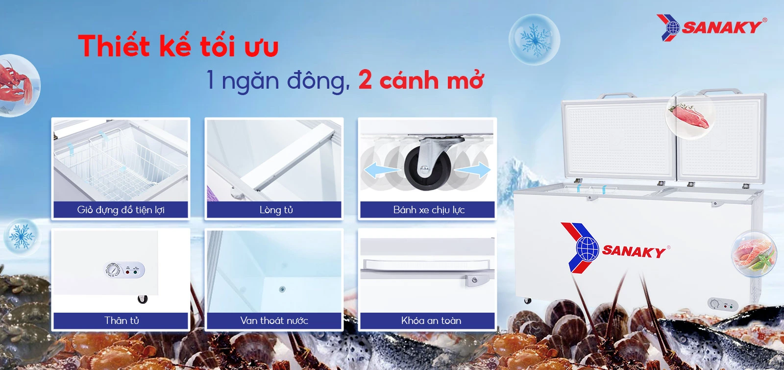 Thiết kế 1 ngăn đông và 1 cánh mở Thiết kế 1 ngăn đông và 2 cánh mở của tủ đông 530 lít Sanaky VH-668HY2