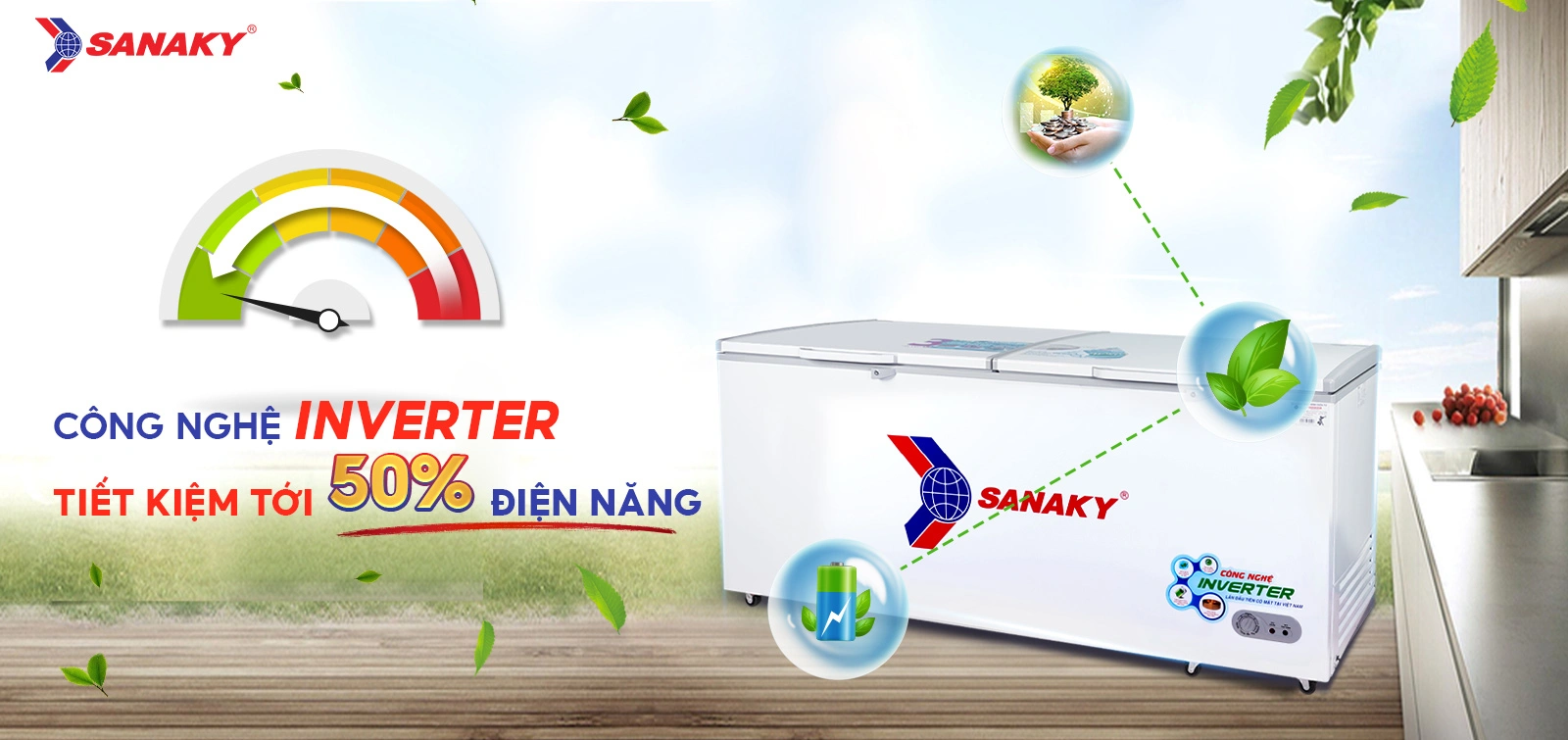 Công nghệ Inverter tiết kiệm tới 50% điện điện năng Tủ đông 761 lít Sanaky Inverter VH-8699HY3 tích hợp công nghệ Inverter
