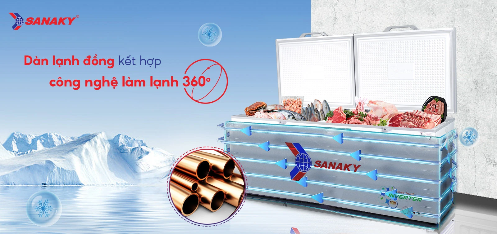 Dàn lạnh đồng kết hợp Công nghệ làm lạnh 360 độ Tủ đông 761 lít Sanaky Inverter VH-8699HY3 với dàn lạnh đồng và công nghệ làm lạnh 360 độ