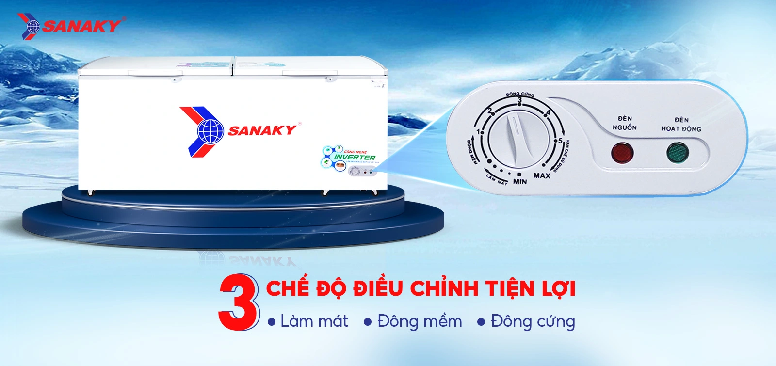 Bảng điều chỉnh 3 chế độ Mát - Đồng mềm - Đông cứng tiện lợi Bảng điều chỉnh 3 chế độ Mát - Đồng mềm - Đông cứng của Tủ đông 761 lít Sanaky Inverter VH-8699HY3