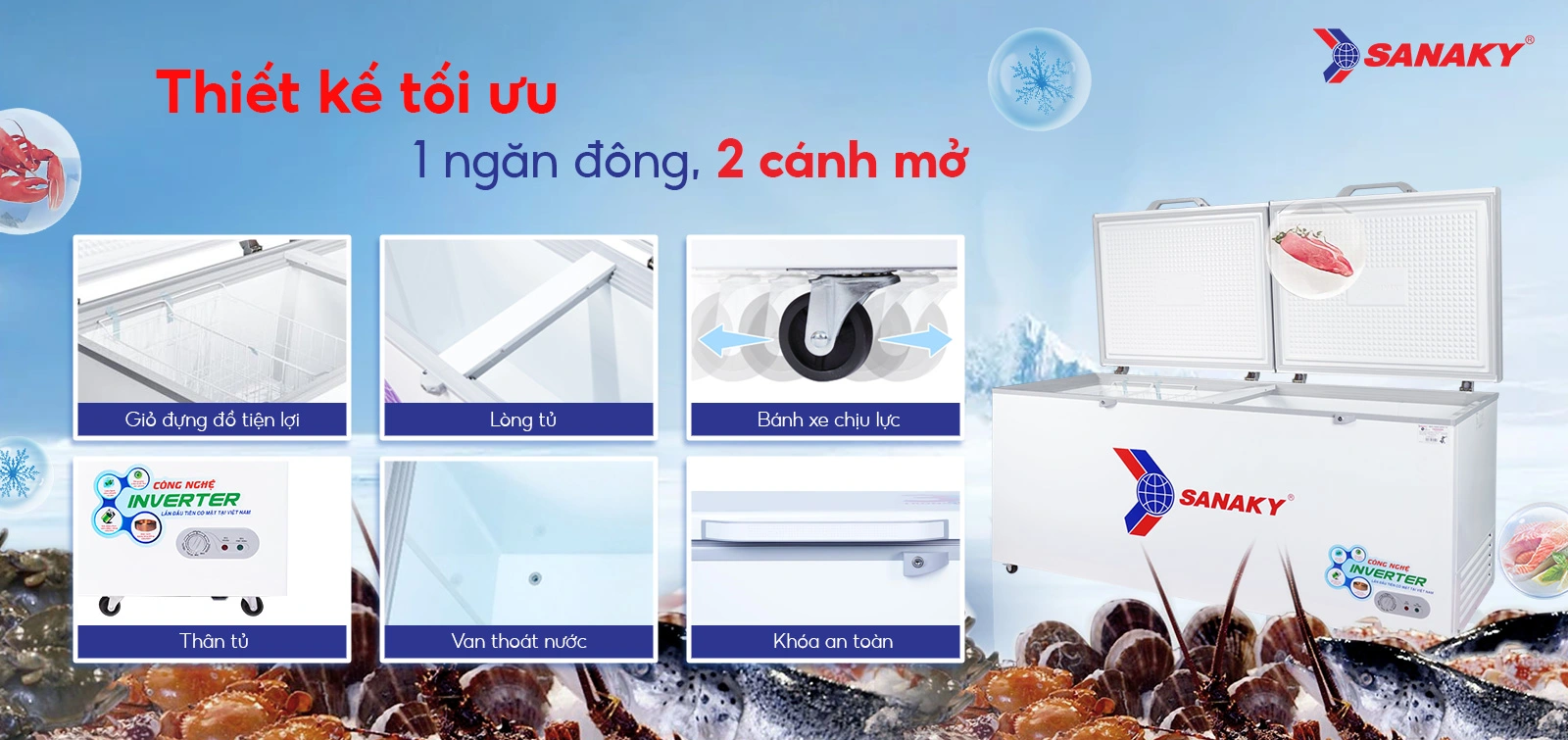 Thiết kế tối ưu 1 ngăn đông 2 cánh mở Tủ đông 761 lít Sanaky Inverter VH-8699HY3 thiết kế tối ưu 1 ngăn đông 2 cánh mở