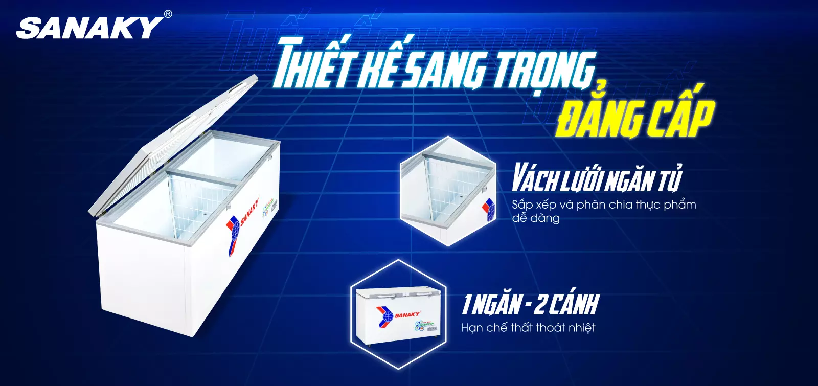 Dàn lạnh bằng đồng kết hợp công nghệ làm lạnh 360 độ Tủ đông 761 lít Sanaky Inverter VH-8699HY4K với thiết kế sang trọng và vách lưới ngăn tủ